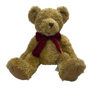 Collectible Plush‎ Brown Teddy Bear Velvet Burgundy Ribbon Bow Stuffed Animal
